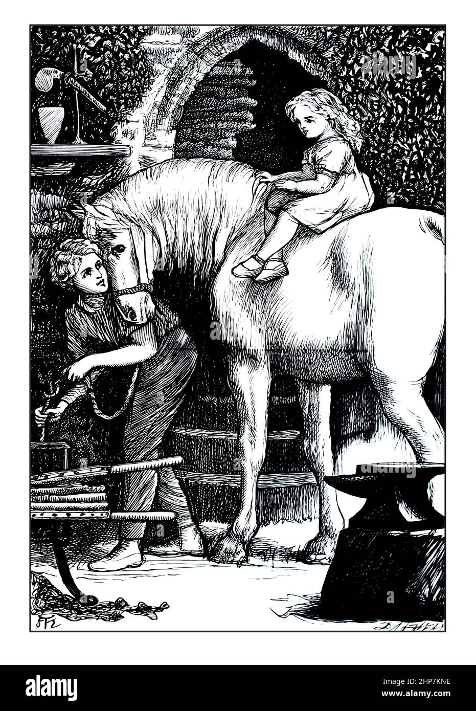1870 girl in horseback at blacksmiths, illustration, by Arthur Hughes, from Gutta Percha Willie, by George MacDonald Stock Photo
