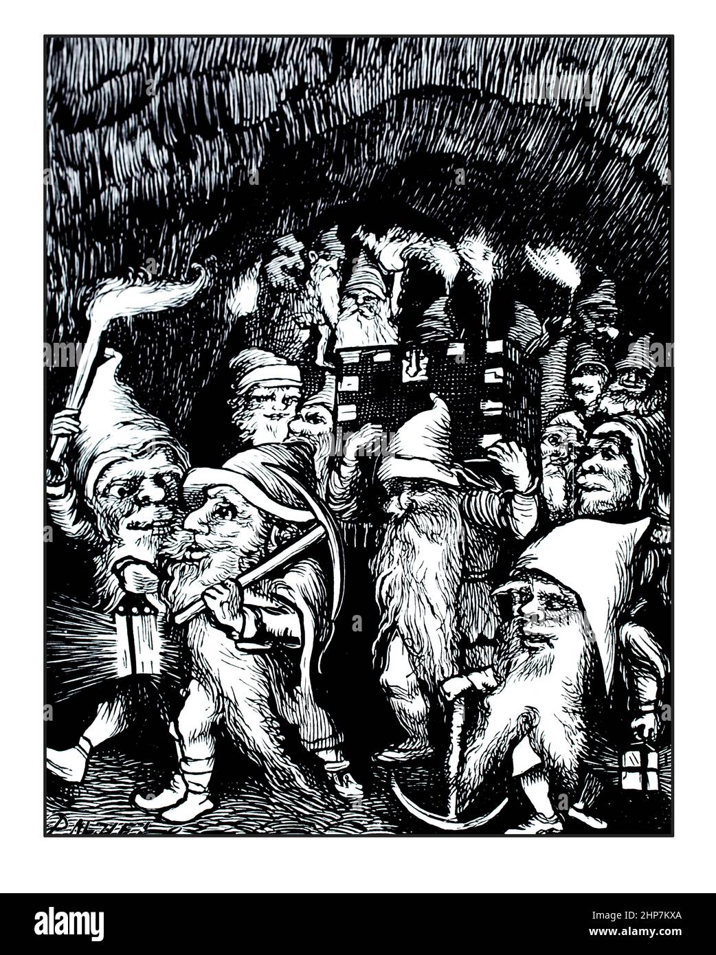 goblins carrying chest in underground tunnel, 1871 illustration, by Arthur Hughes, from The Princess and the Goblin, by George MacDonald Stock Photo