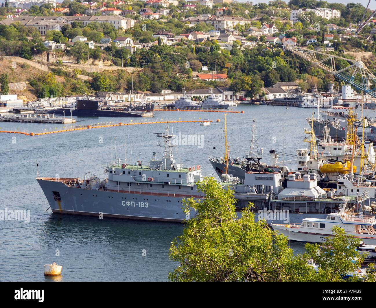 Sevastopol, Crimea - September 19, 2020: Warships docked in the South Bay, Sevastopol, Crimea Stock Photo
