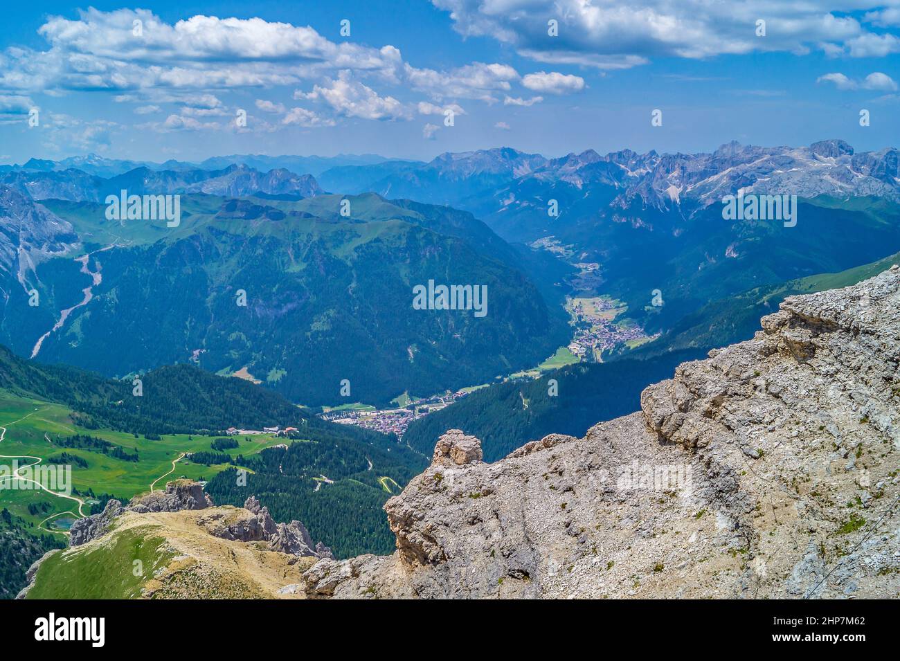 A spectacular view down and across the valley to the Dolomite Mountains Stock Photo