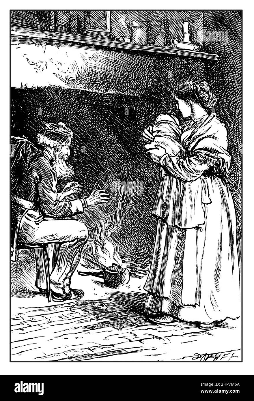 family warming themselves by inglenook fireplace 1872 illustration, by James Mahoney, from The Little Wonder Horn by Jen Ingelow Stock Photo