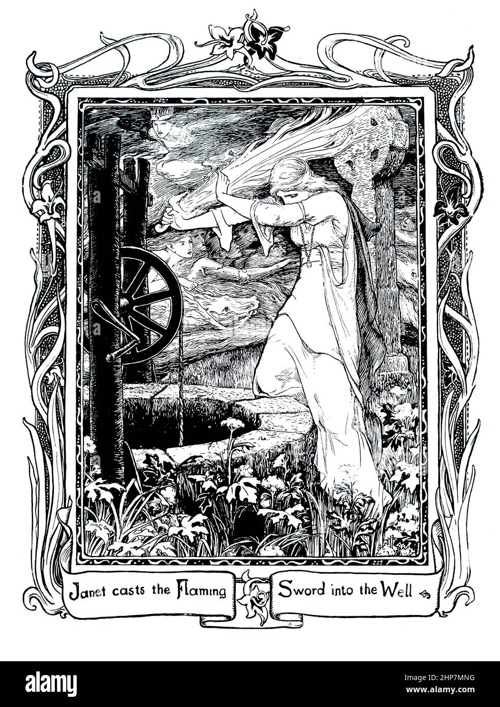 Janet casts the Flaming Sword into the Well,1890 fantasy illustration, by John D Batten, from English Fairy Tales, collected by Joseph Jacobs Stock Photo