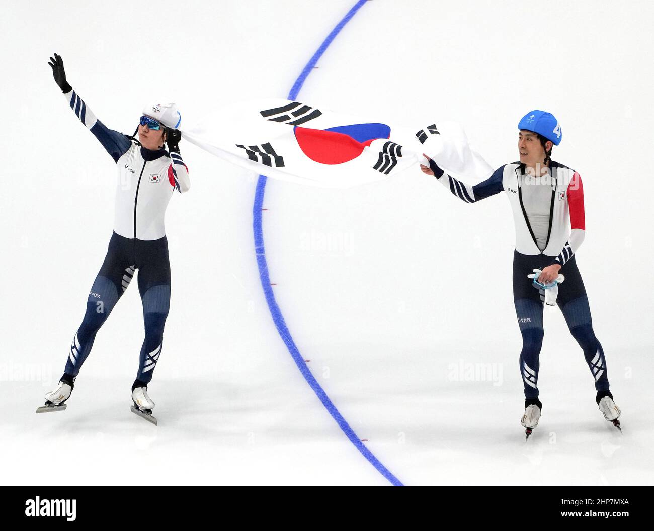 Beijing, China. 19th Feb, 2022. Chung Jae Won (L) and Lee Seung Hoon of South Korea celebrate after the speed skating men's mass start final of Beijing 2022 Winter Olympics at the National Speed Skating Oval in Beijing, capital of China, Feb. 19, 2022. Credit: Li An/Xinhua/Alamy Live News Stock Photo