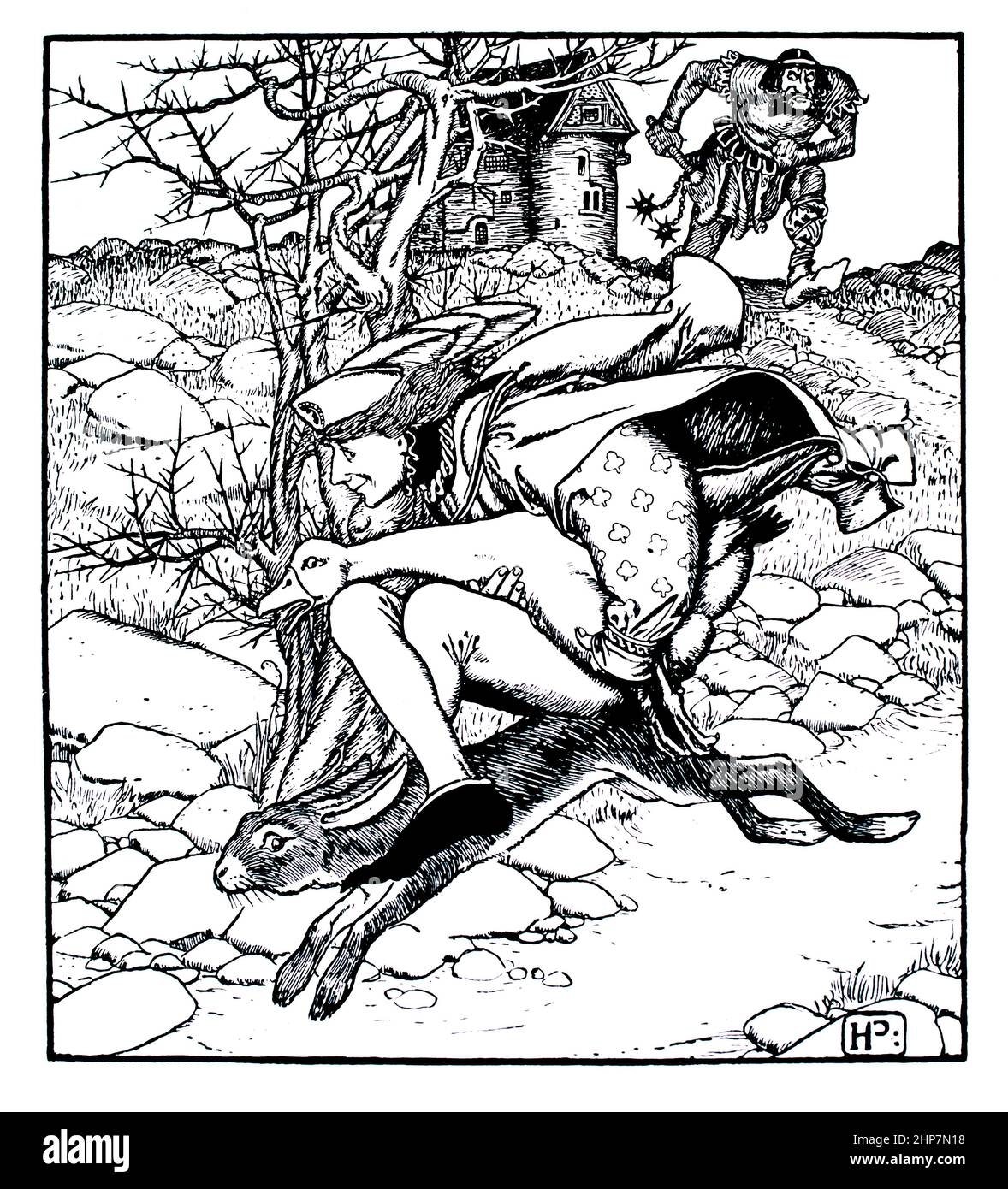 Peterkin and the Little Grey Hare Peterkin carries away the Giant’s Goose, fantasy illustration, by Howard Pyle, from The Wonder Clock Four and Twenty Stock Photo