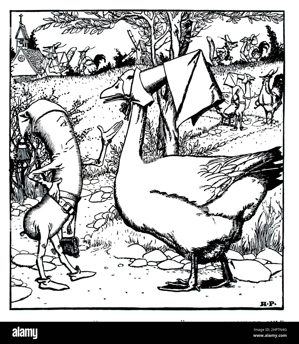 The Grey Goose meets the sausage,  fantasy illustration, by Howard Pyle, from The Wonder Clock Four and Twenty Marvelous Tales by Katherine Pyle Stock Photo