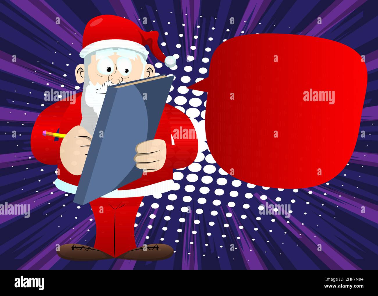 Santa Claus in his red clothes with white beard writing on a books cover. Stock Vector