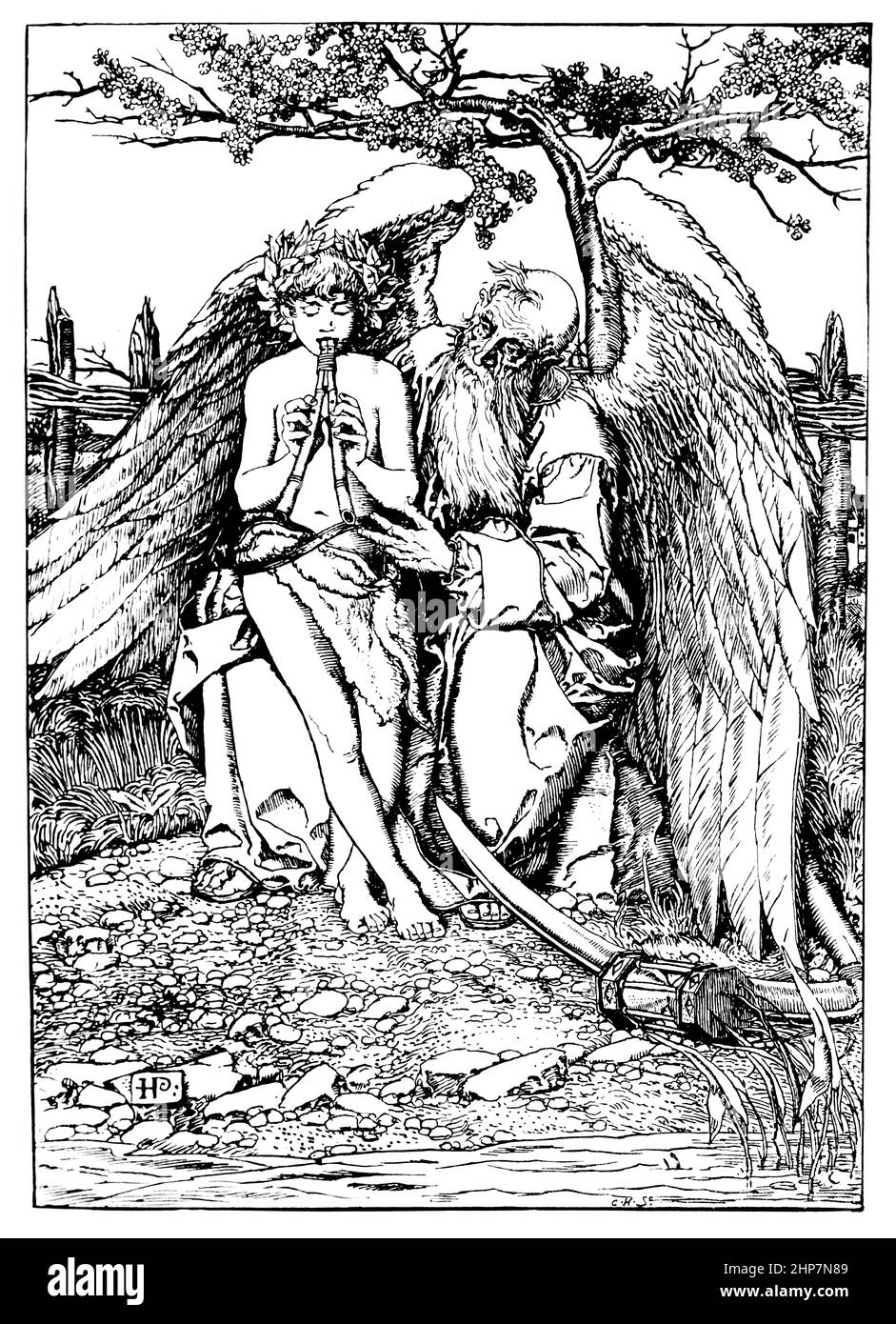Angel and shepherd boy playing aulos double pipe flute, frontispiece, illustration, by Howard Pyle, from The Wonder Clock Four and Twenty Marvelous Ta Stock Photo