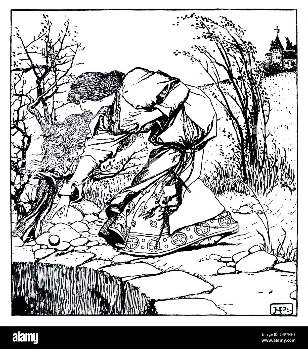 Step-daughter follows golden ball into well in spite of herself, illustration, by Howard Pyle, from The Wonder Clock Four and Twenty Marvelous Tales b Stock Photo