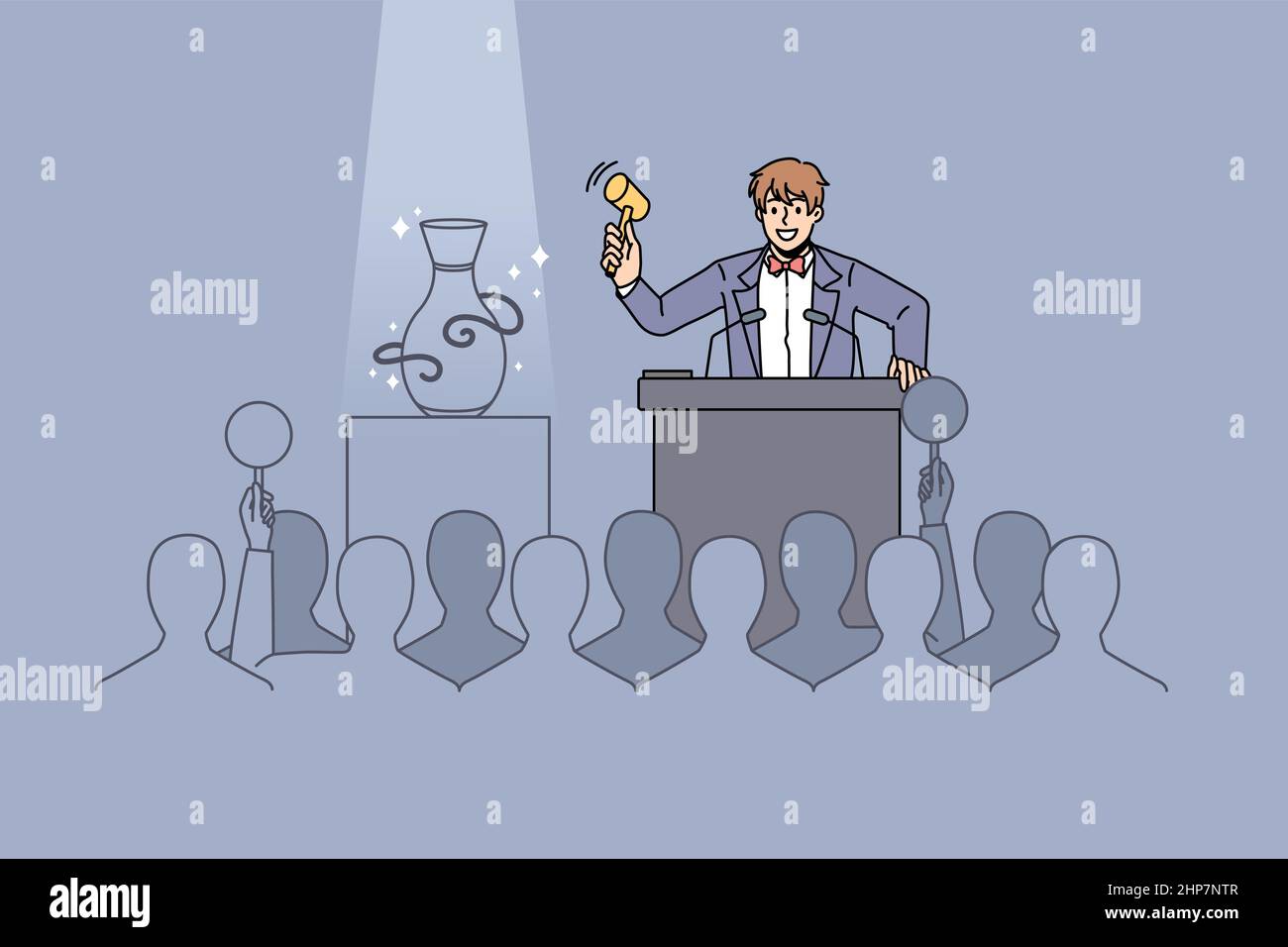 Man seller head auction with diverse buyers Stock Vector
