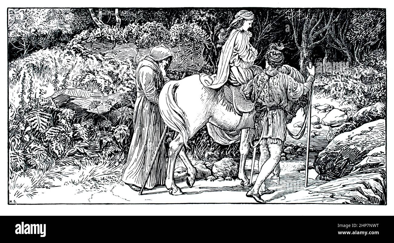 Men leading woman on horse through woods, 1888  illustration by Heywood Sumner: from Undine book by Friedrich de la Motte Fouque Stock Photo