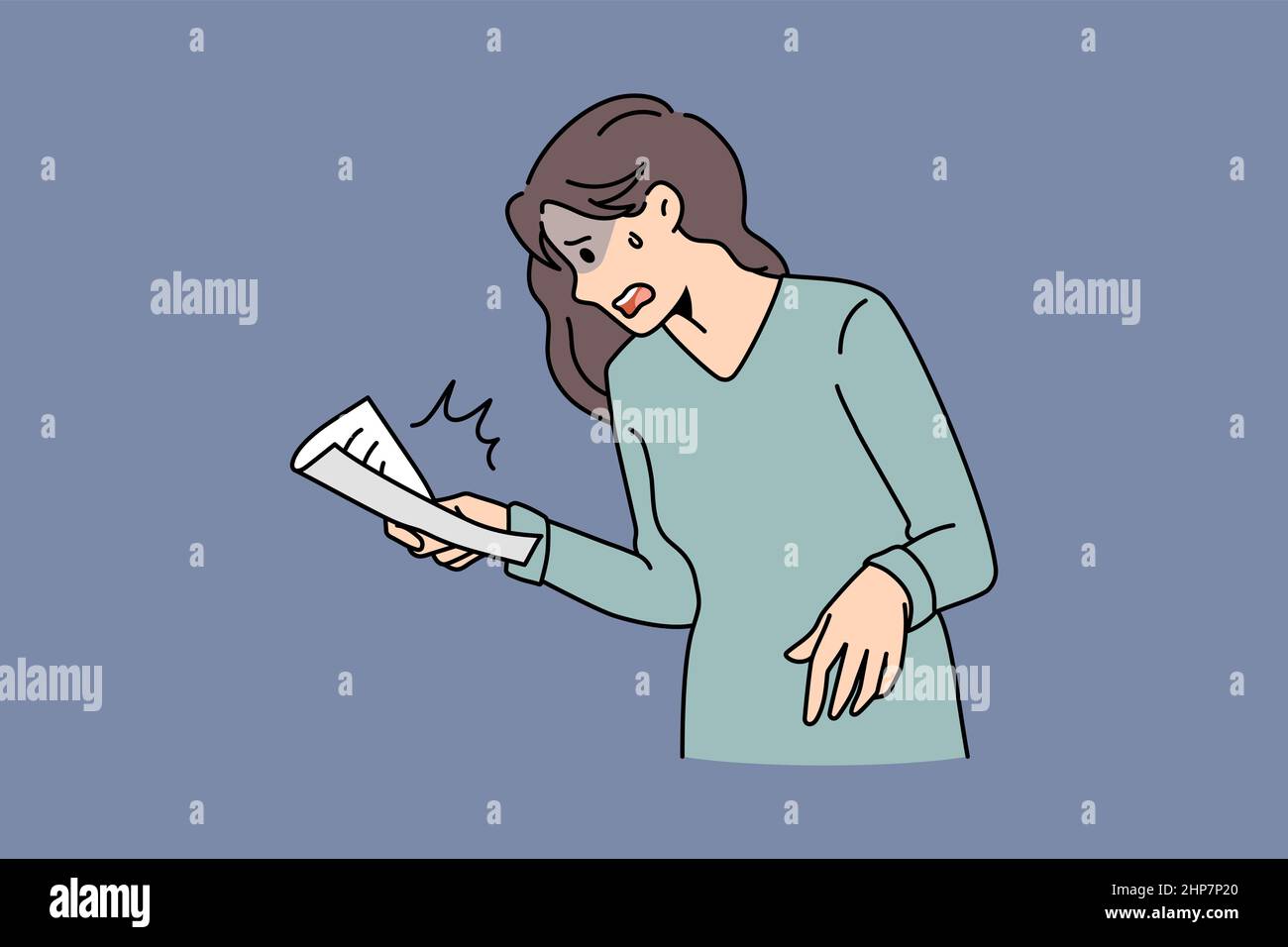 Unhappy woman stressed with information in document Stock Vector