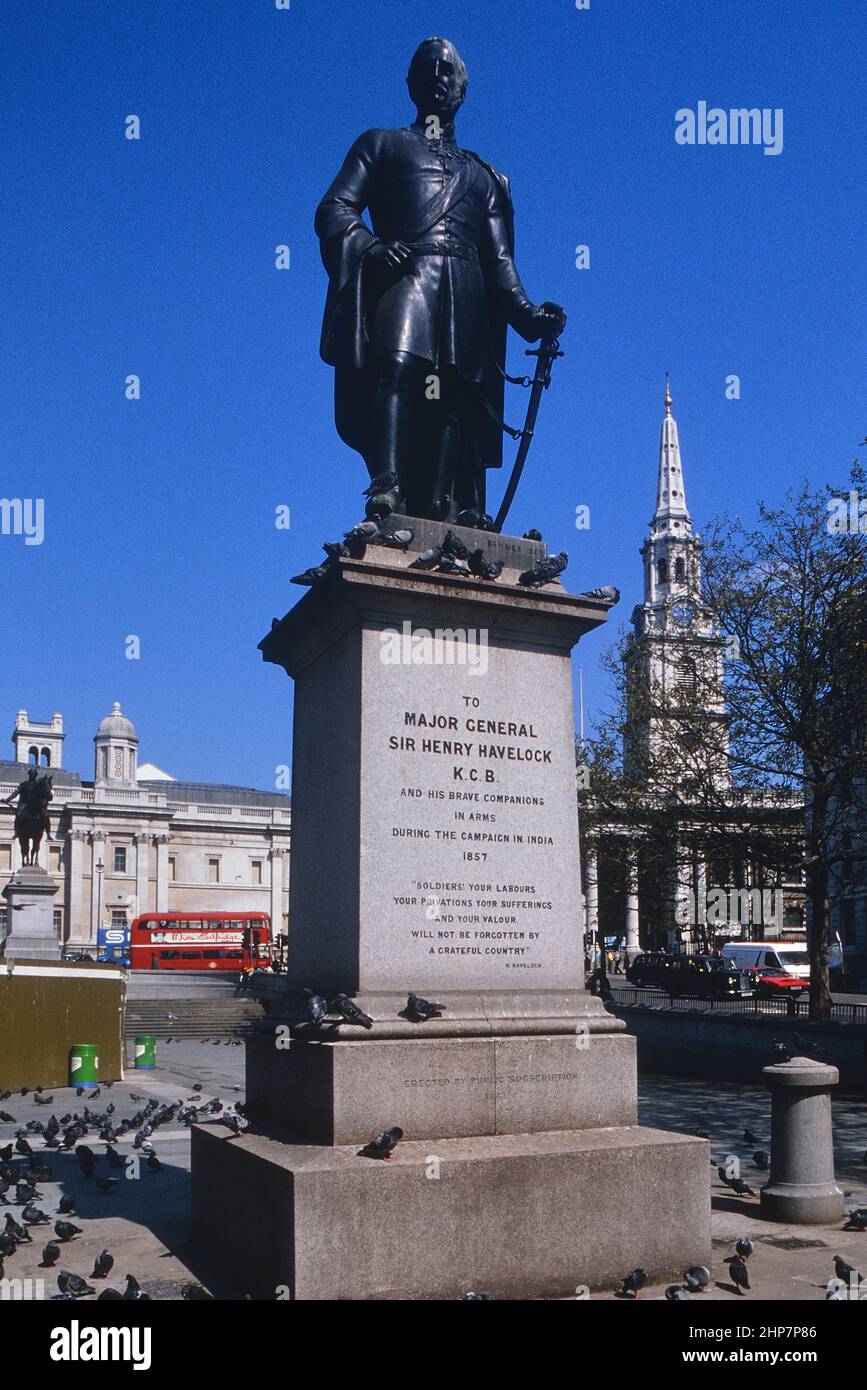 Bronze statue of Henry Havelock by the sculptor William Behnes. Trafalgar Square in London, United Kingdom Stock Photo