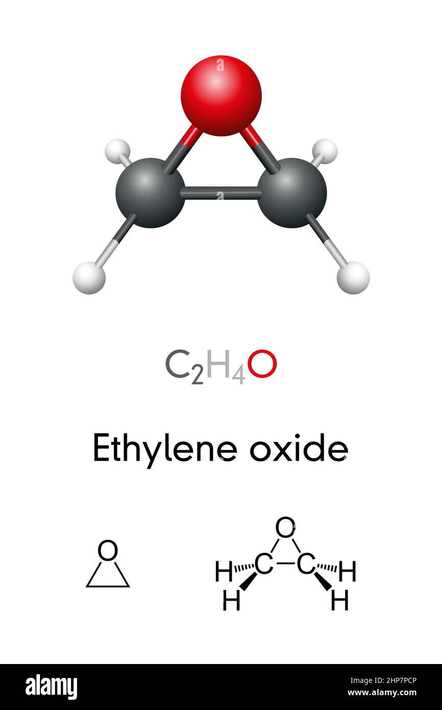 Ethylene oxide, C2H4O, oxirane, molecule model and chemical formula Stock Vector