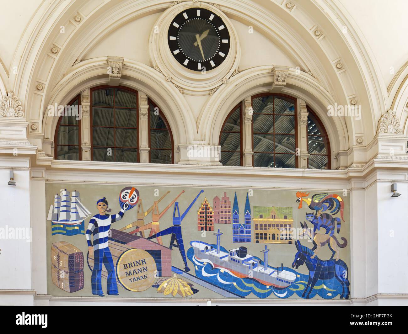 Interior of the central train station of Bremen, Germany, with a large mural dating back to the 1950s and showing scenes from the city port Stock Photo