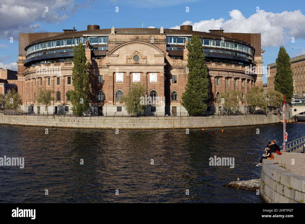 Western building of Swedish Parliament  (Riksdag) house, the Assembly Hall, on the waterfront of Helgeandsholmen island in Stockholm, Sweden Stock Photo