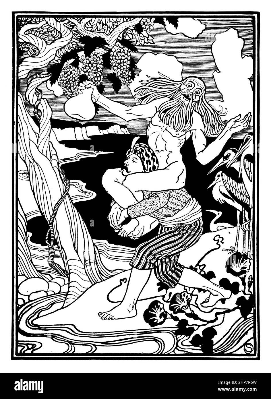 Sinbad in turban carying naked old bearded man 1890 illustration by William Strang: from Sindbad the Sailor and Ali Baba and the Forty Thieves publish Stock Photo