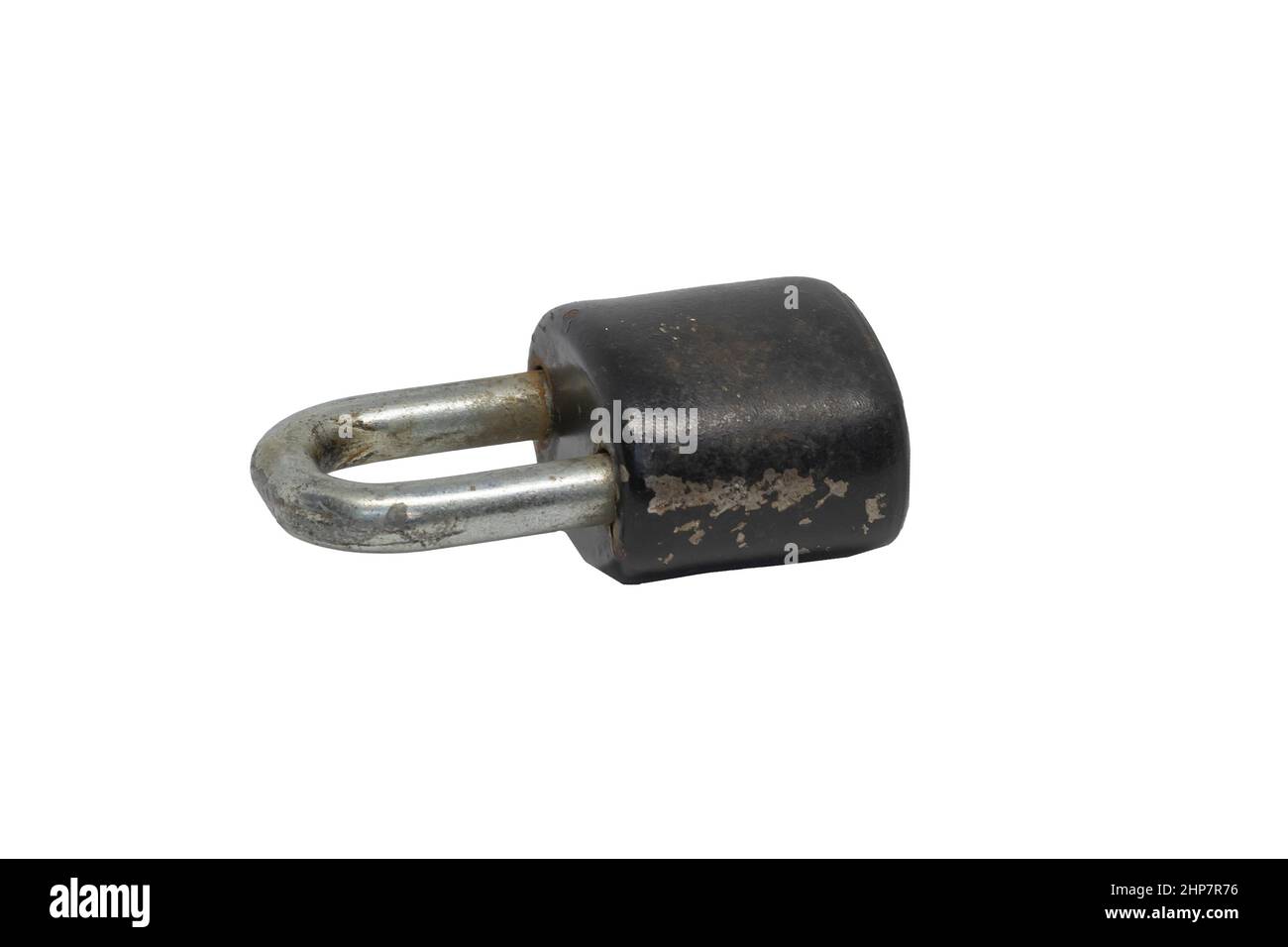 Old black padlock isolated on white background. Stock Photo
