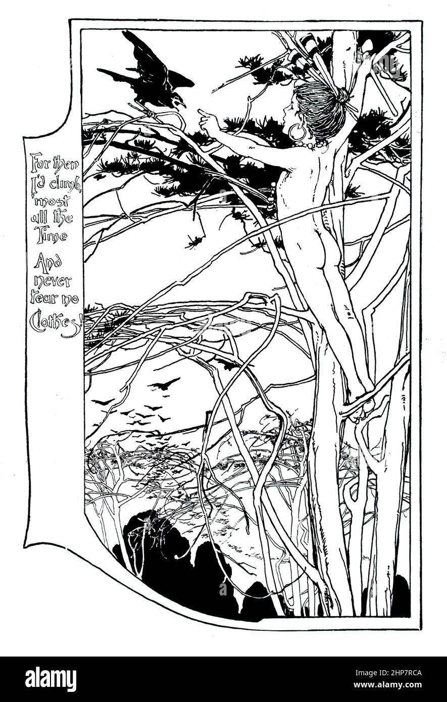 naked child in tree top, 1897 fantasy story illustration by Alice B Woodward, from Red Apple and Silver Bells, A Book of Verse for Children of All Age Stock Photo