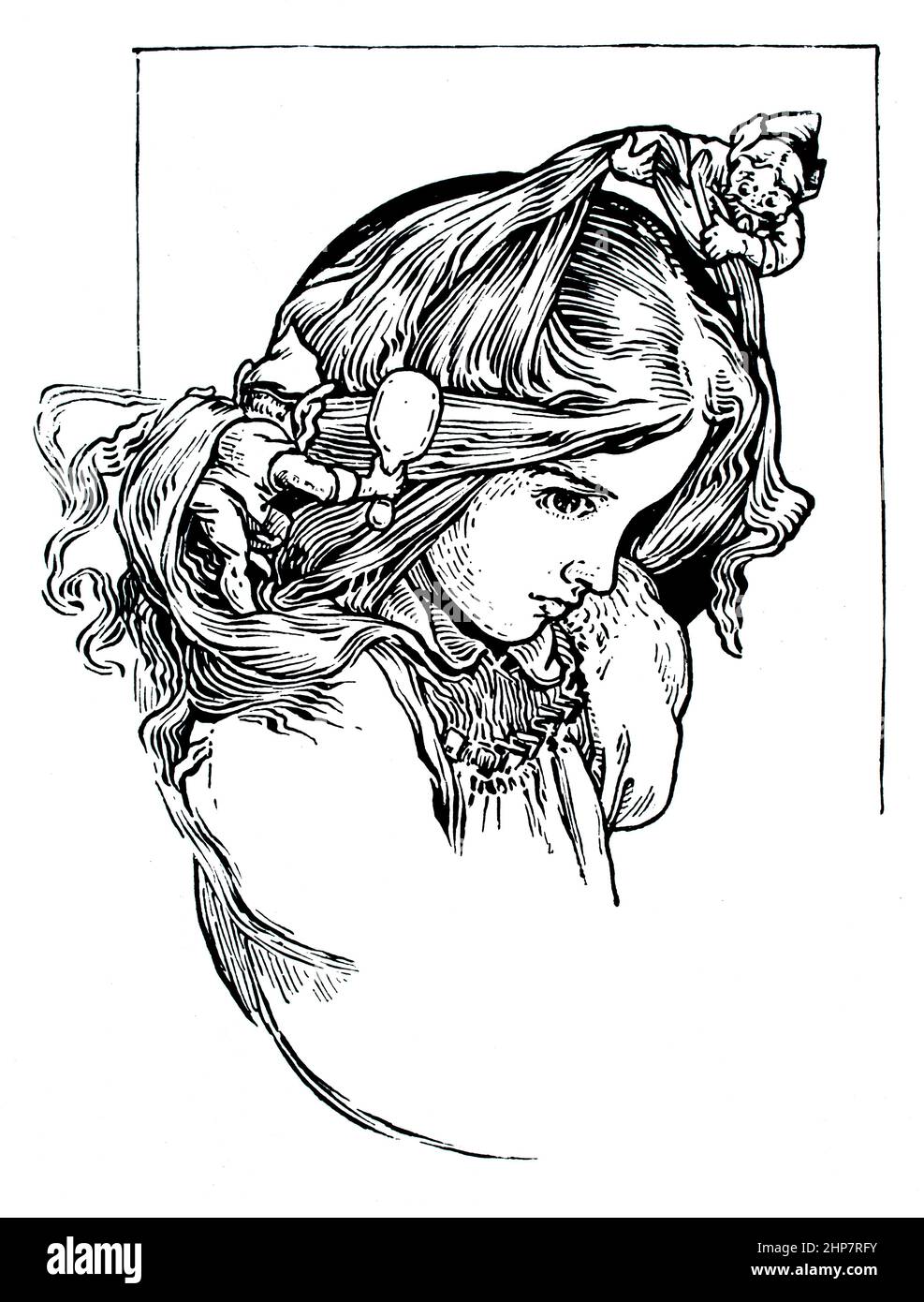 pixies brushing child’s hair, 1895 illustration by Archie MacGregor: from fantasy story Katawampus by author Edward Abbott Parry about imaginary illne Stock Photo