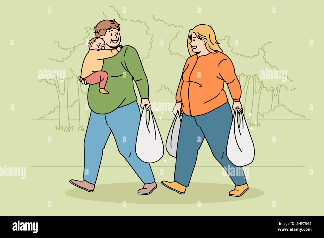 Obese family with kid buying food carrying bags Stock Vector