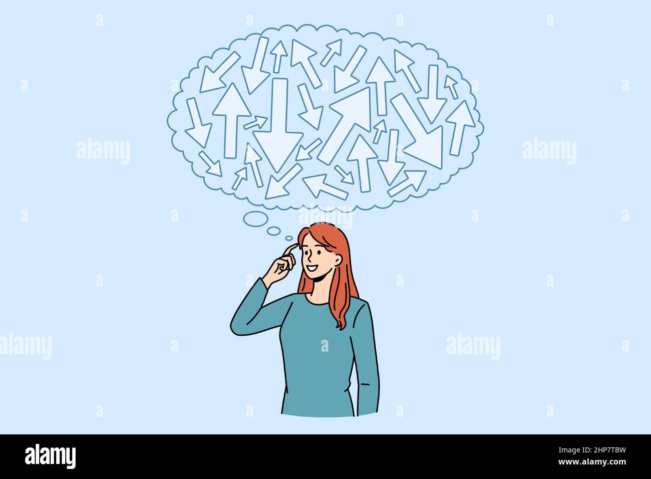 Woman feel confused making decision or planning Stock Vector