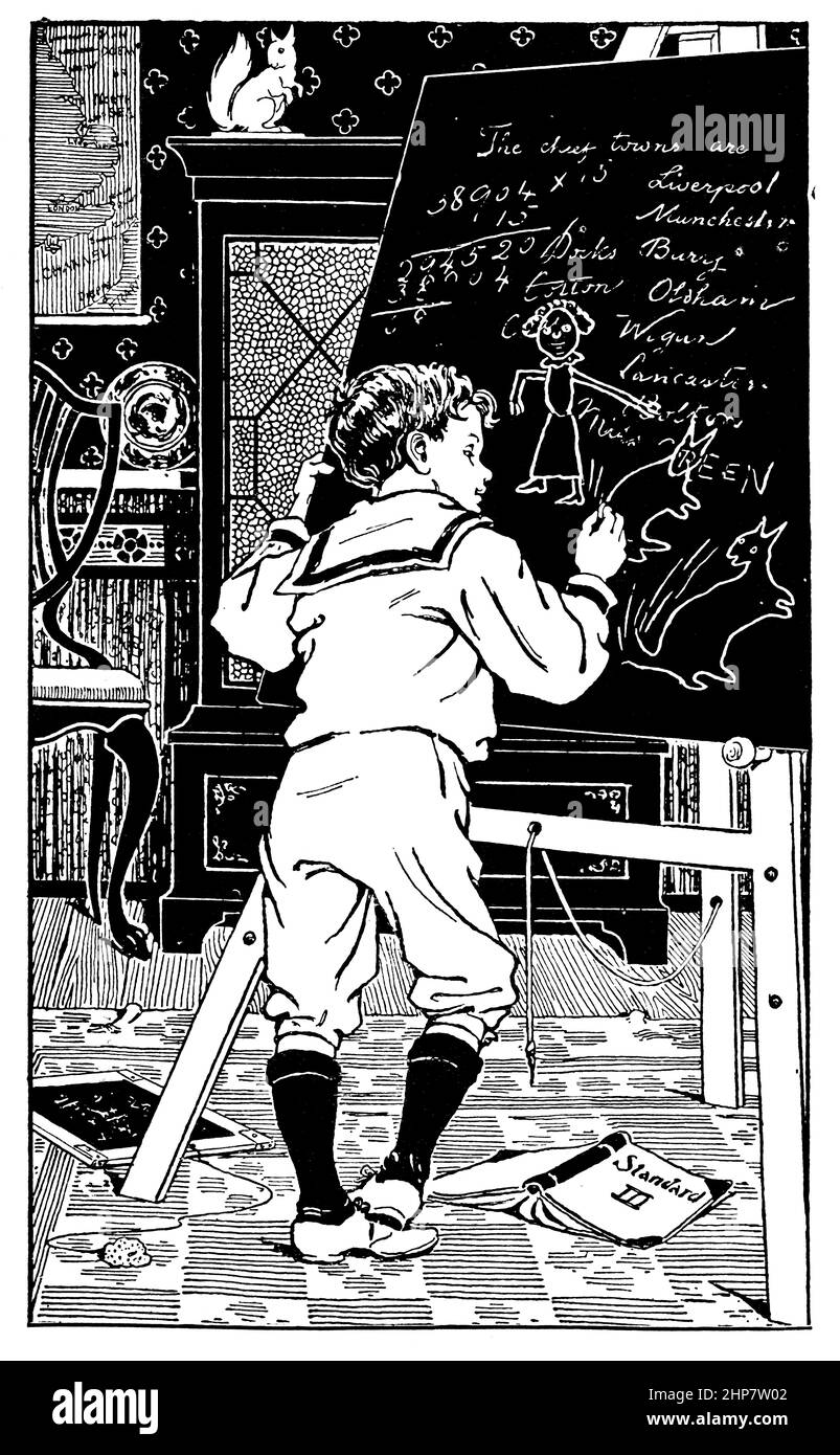 child in schoolroom drawing teacher and cats on blackboard instead of working 1897 illustration by Gertrude M Bradley, from Just Forty Winks, by Hamis Stock Photo