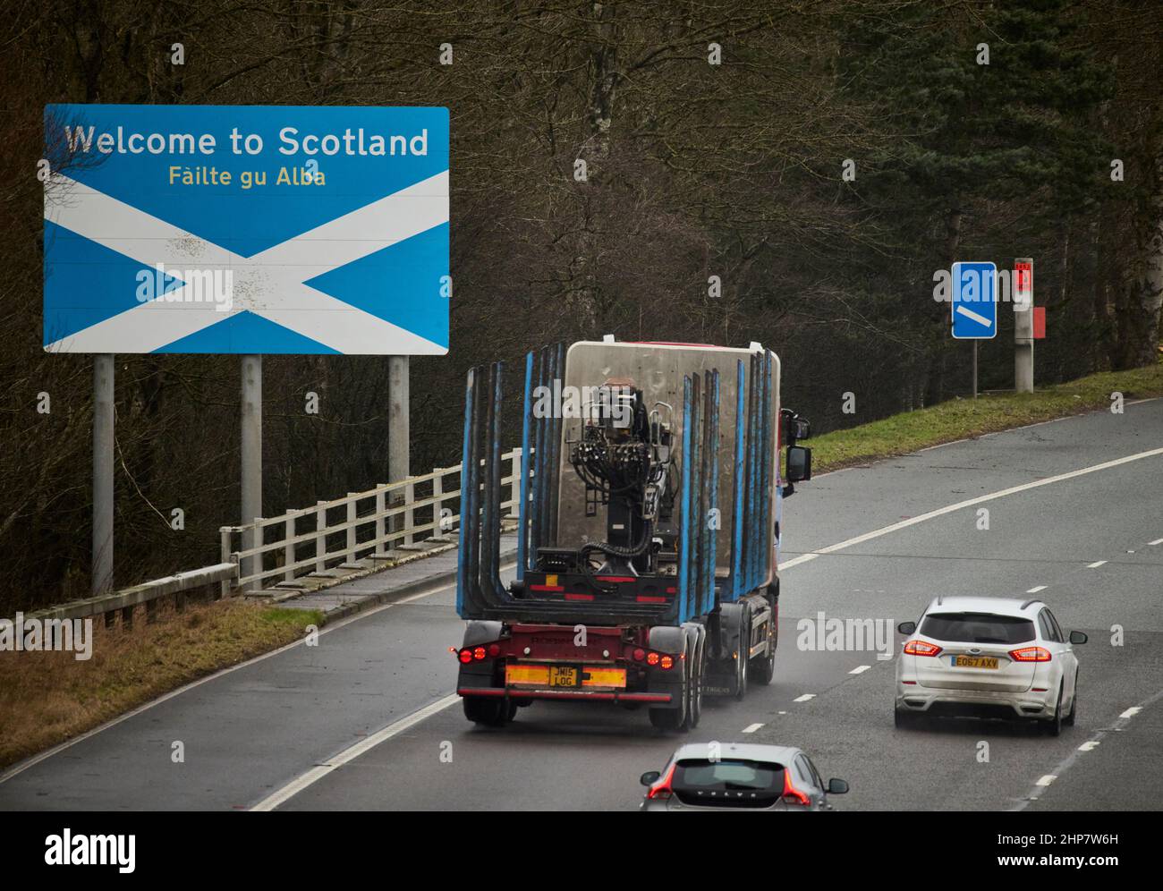 Welcome to Scotland sign on the Scottish, England border on the M6 motorway at Gretna Green Stock Photo