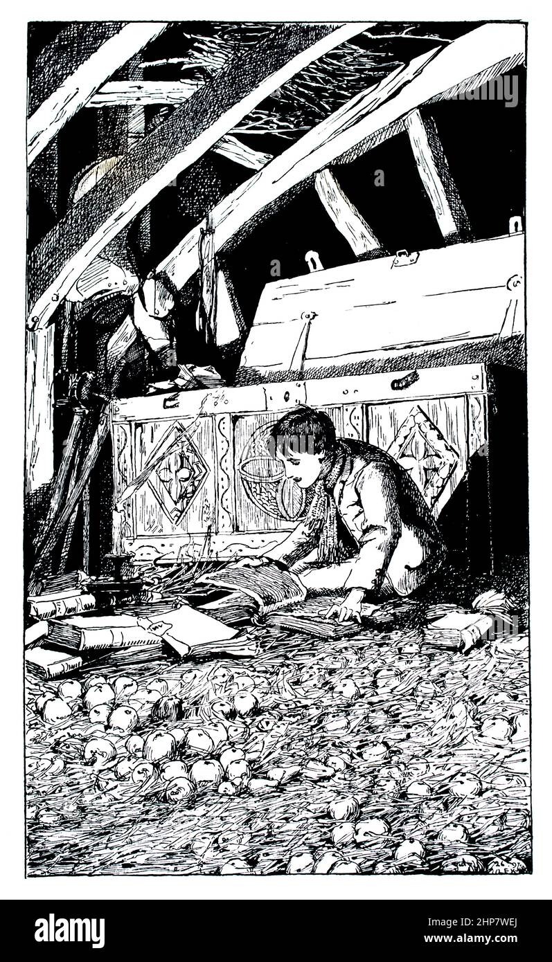 Boy in attic, investigating contents of chest, 1897 illustration by Lucy Kemp-Welch, from The making of Matthias, by Joseph Smith Fletcher Stock Photo