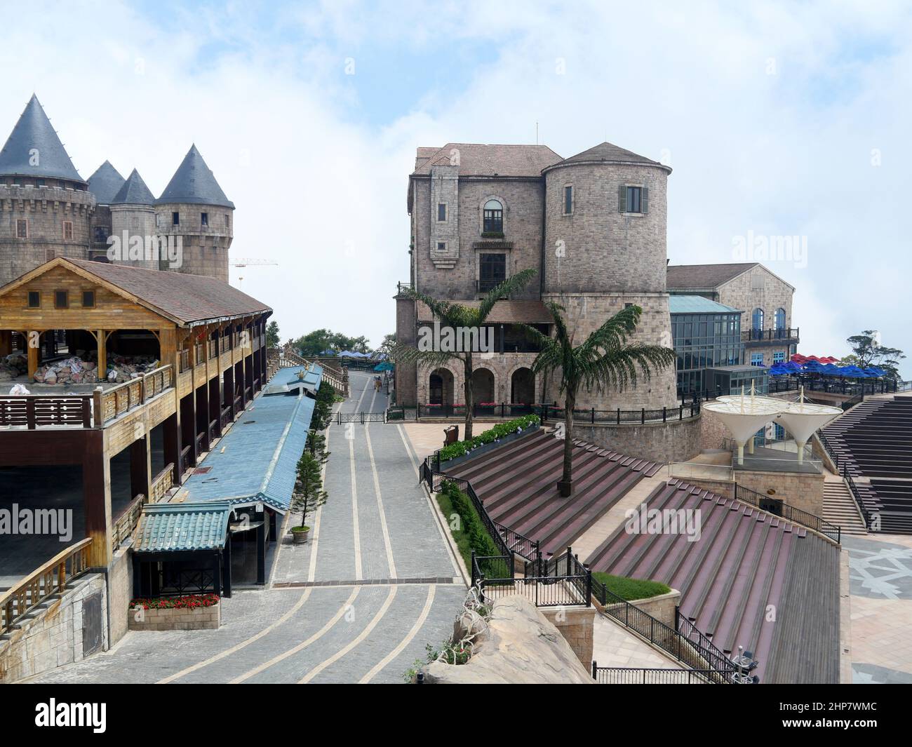 Da Nang, Vietnam - April 12, 2021: Empty French village in Ba Na Hills, a famous theme park in Central Vietnam Stock Photo