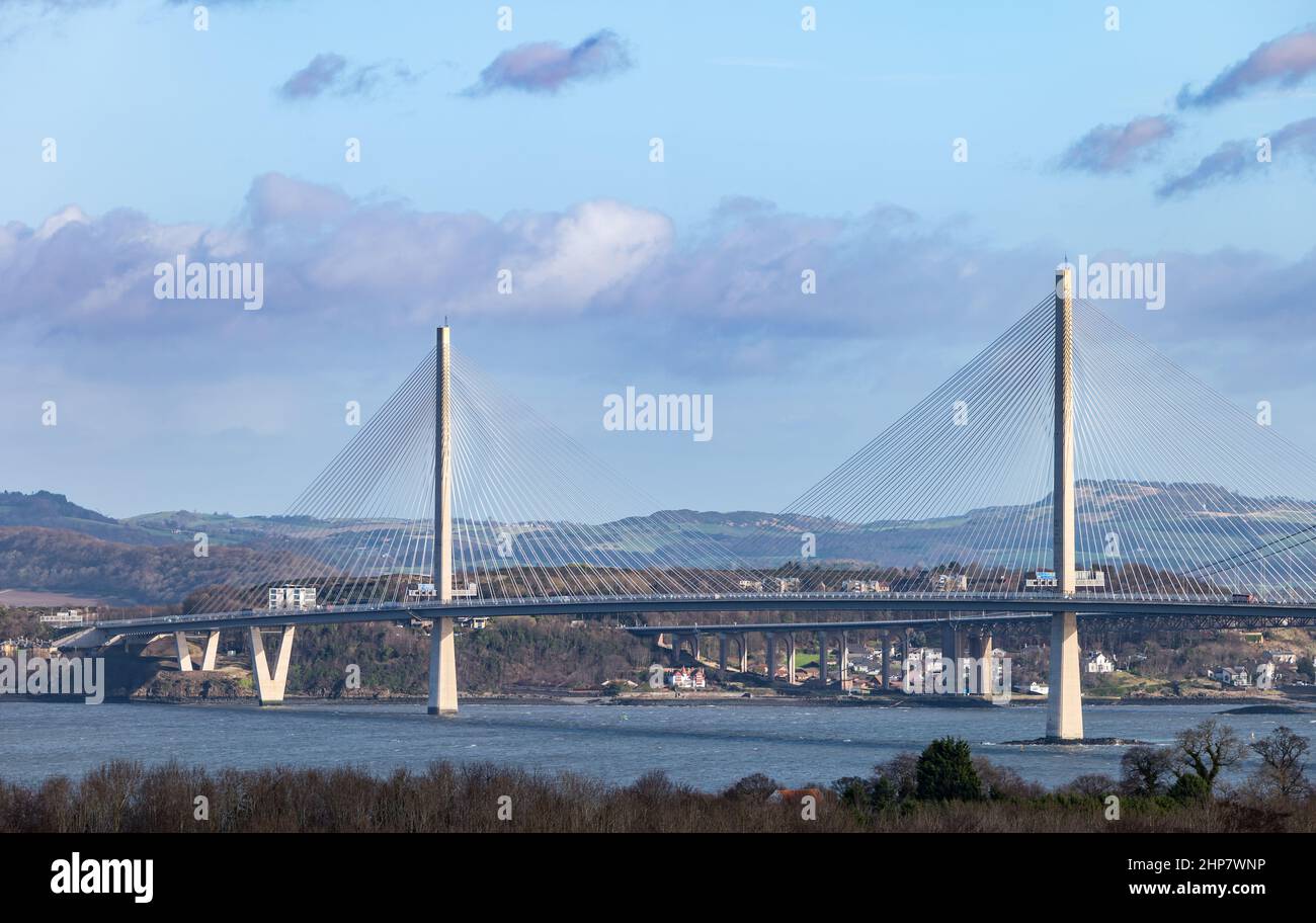 View of Queensferry Crossing Firth of Forth bridge in sunshine, Scotland, UK Stock Photo