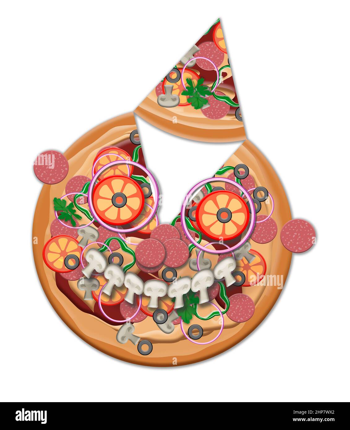 Pizza Party-A pizza is made to look like a happy face wearing a party hat in this 3-D illustration about pizza parties. Stock Photo