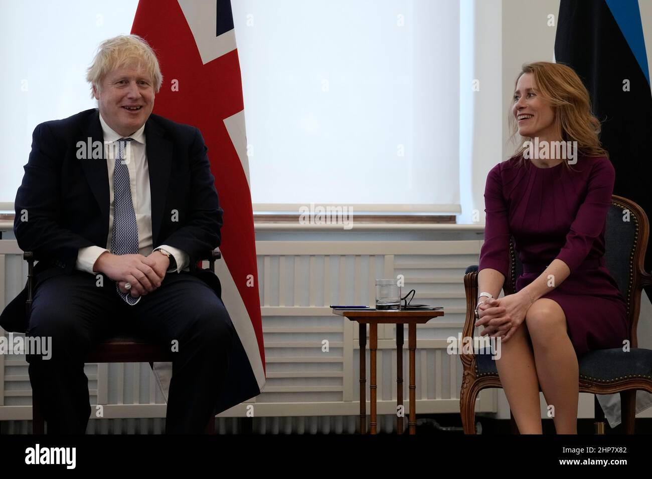 Prime Minister Boris Johnson meets with Estonia's Prime Minister Kaja Kallas at the Munich Security Conference in Germany where the he is meeting with world leaders to discuss tensions in eastern Europe. Picture date: Saturday February 19, 2022. Stock Photo