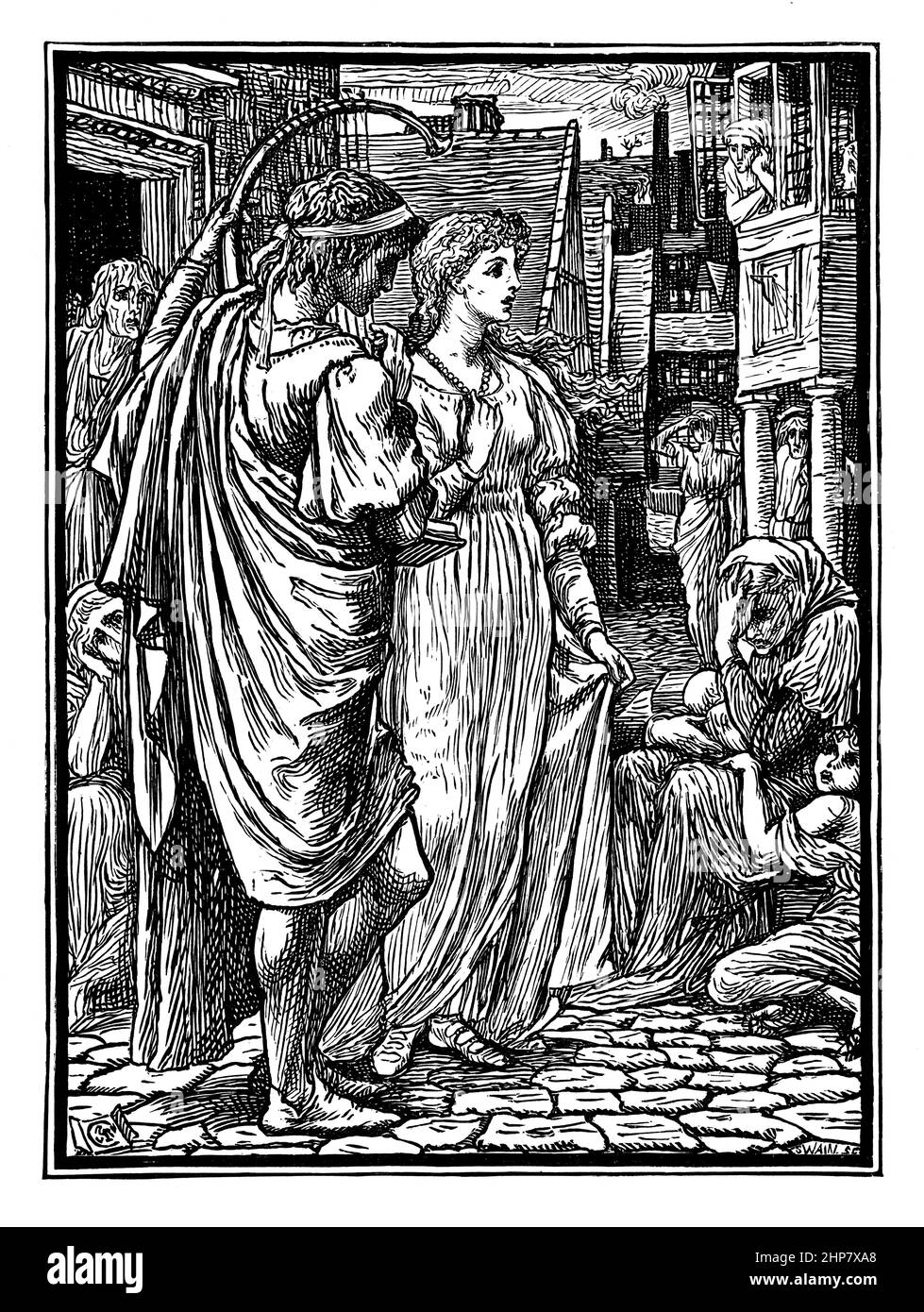 classically dressed figures in street, 1880 illustration by Walter Crane, from The Necklace of Princess Fiorimonde, by Mary de Morgan, published by Ma Stock Photo