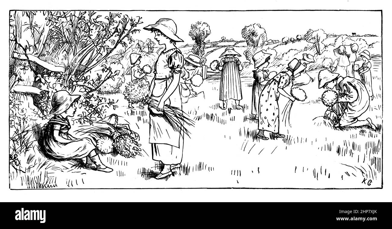 children in meadow, 1879 illustration by Kate Greenaway, The 'Little Folks' Painting Book. A Series of outline engravings for water-colour painting, C Stock Photo