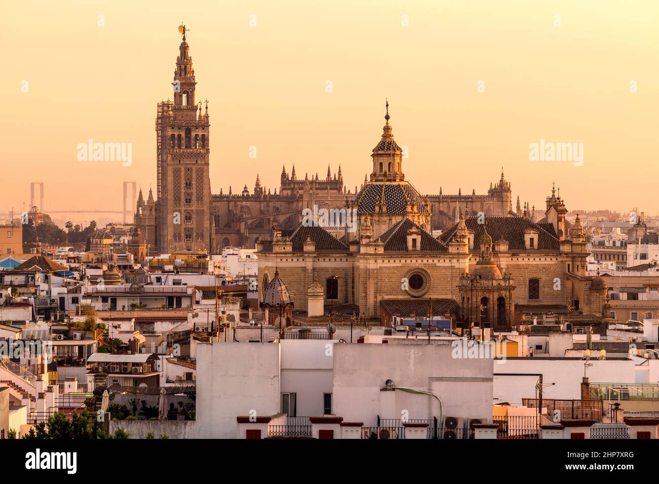 Sunset Seville - La Giralda tower and rooftop of Seville Cathedral rising behind soaring dome of the Church of the Divine Saviour. Seville, Spain. Stock Photo