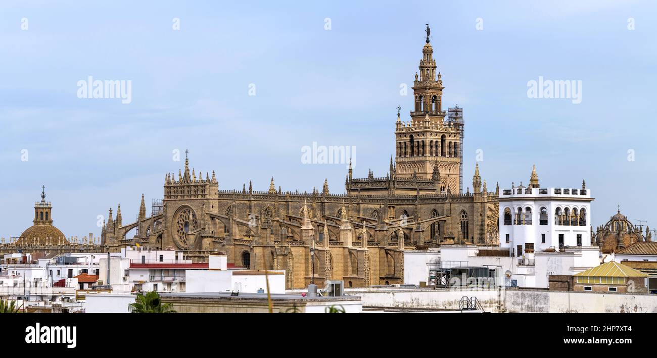 Seville Cathedral - Panoramic rooftop view of Seville Cathedral, with La Giralda tower rising high at behind, on a sunny Autumn day. Seville, Spain. Stock Photo
