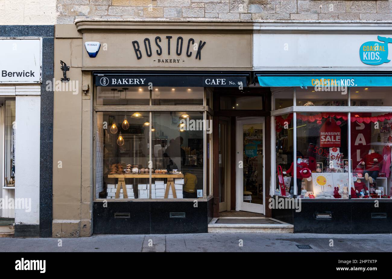 Exterior view of shopfront, Bostock Bakery, High Street, North Berwick, Scotland, UK Stock Photo