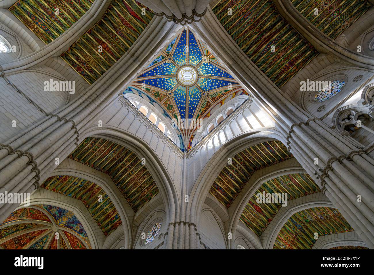 Interior of Almudena Cathedral - A low-angle interior view of the square cupola of Almudena Cathedral, Madrid, Spain. Stock Photo