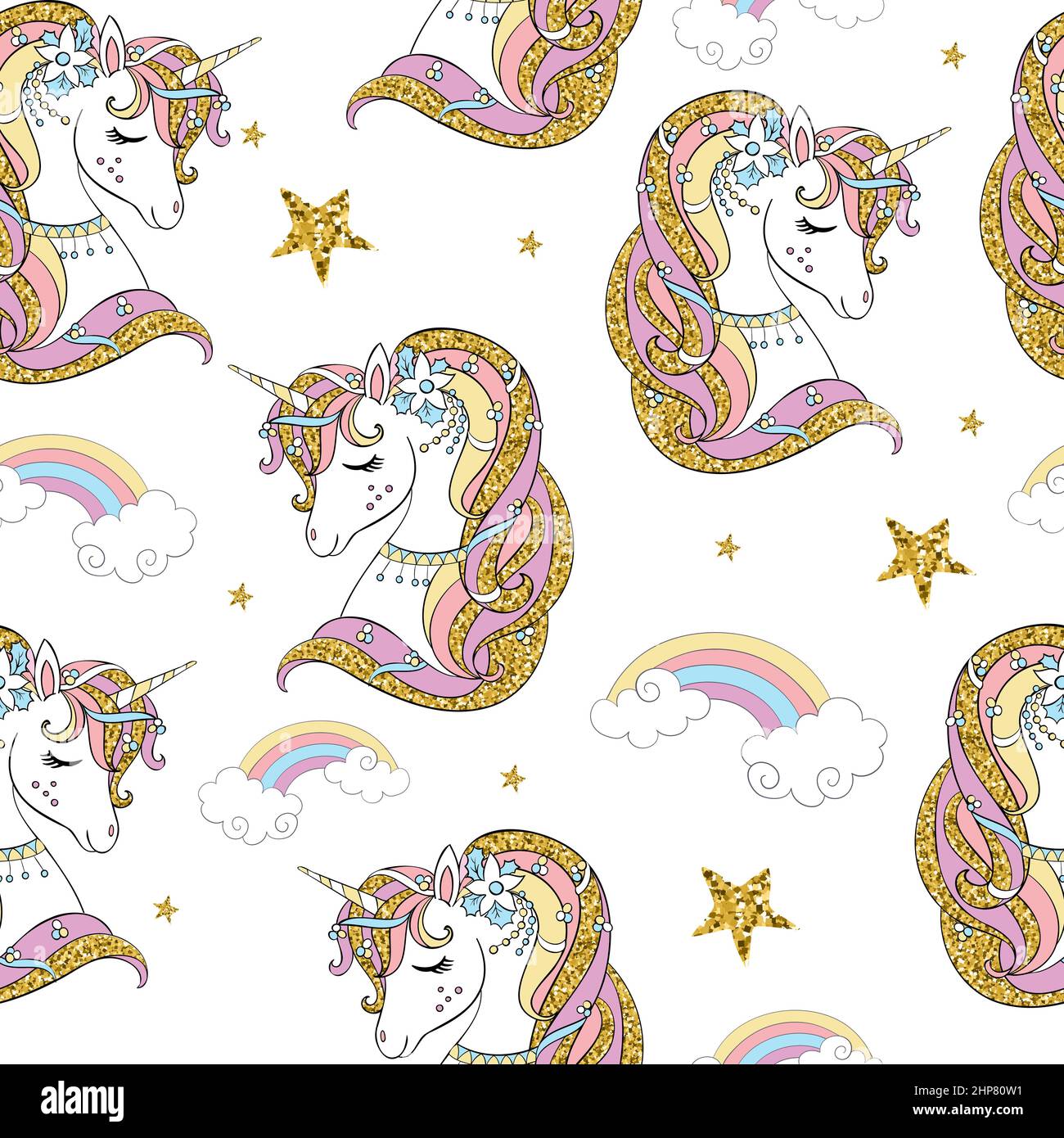 Cute cartoon dreaming unicorn head with golden mane, stars and rainbow ...