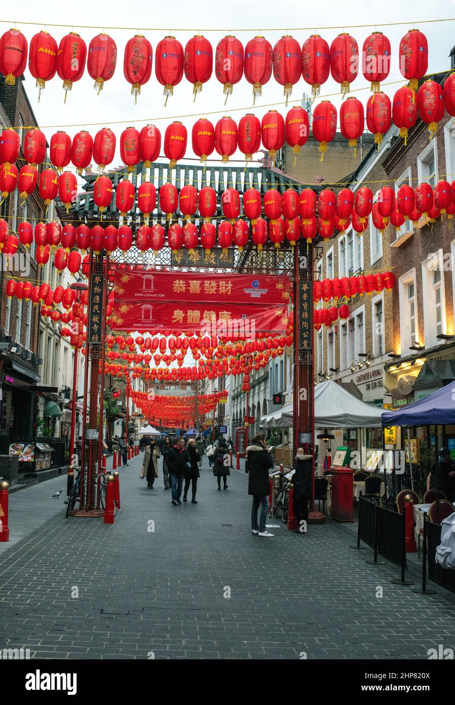 Chinese lanterns in Gerrard Street, London's Chinatown, celebrating Chinese New Year Stock Photo