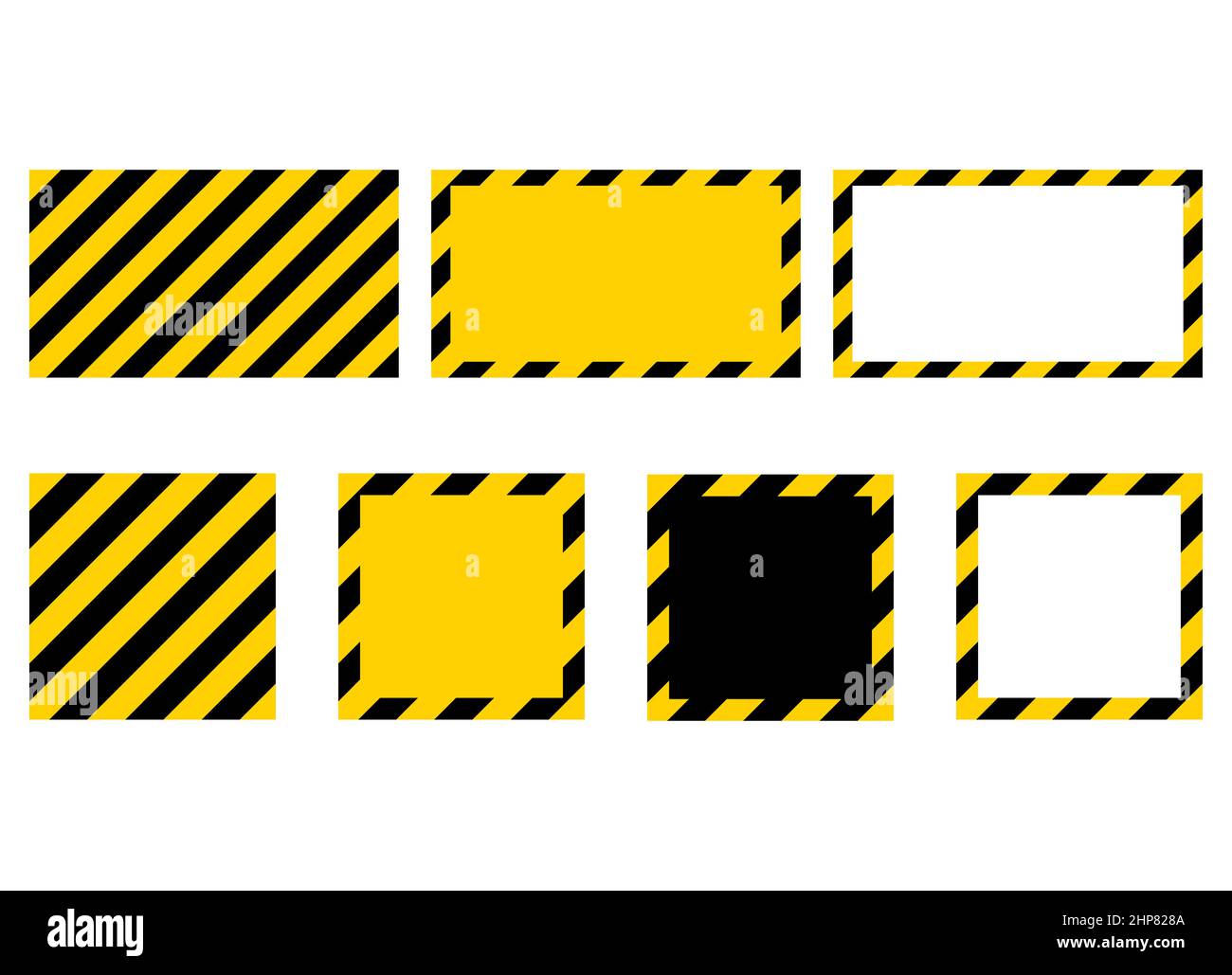 Yellow and black caution tape frame. Warning sign stripe border set. Vector illustration of construction ribbon. Stock Vector