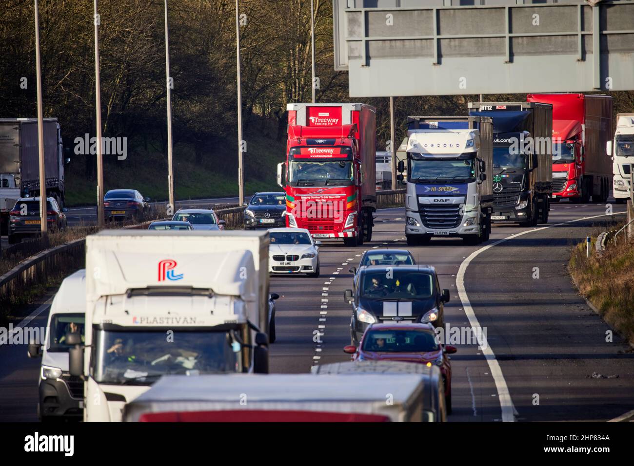 M6 Motorway busy with HGV trucks near Stoke-on-Trent Stock Photo