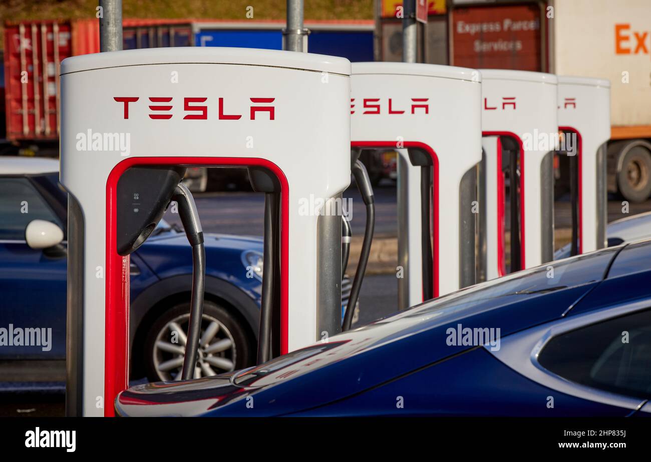 M6 Motorway Tesla Supercharger electric car chargers at Break