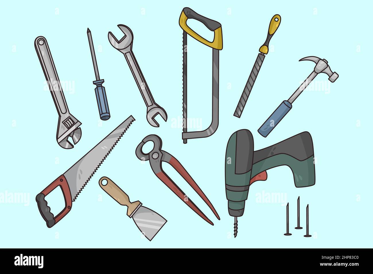 Colorful set of work tools for carpentry and woodwork Stock Vector