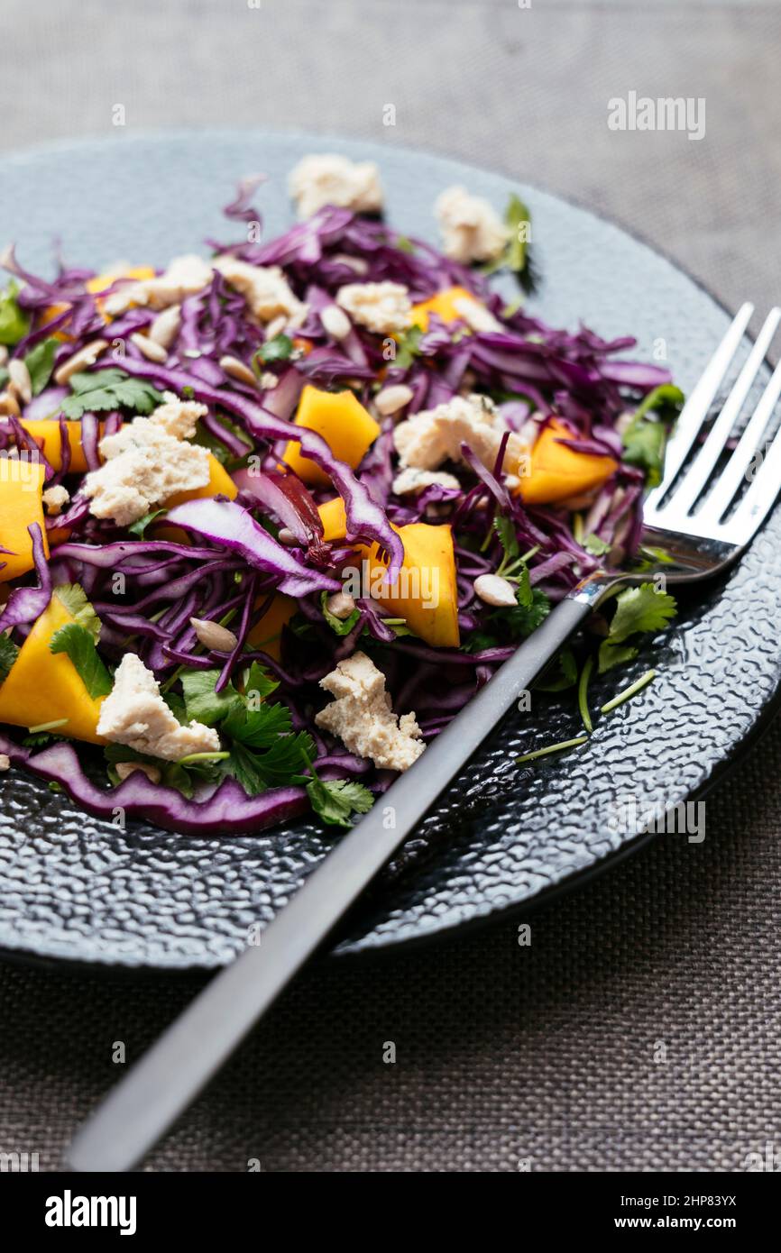 Home made red cabbage mango salad with vegan feta Stock Photo