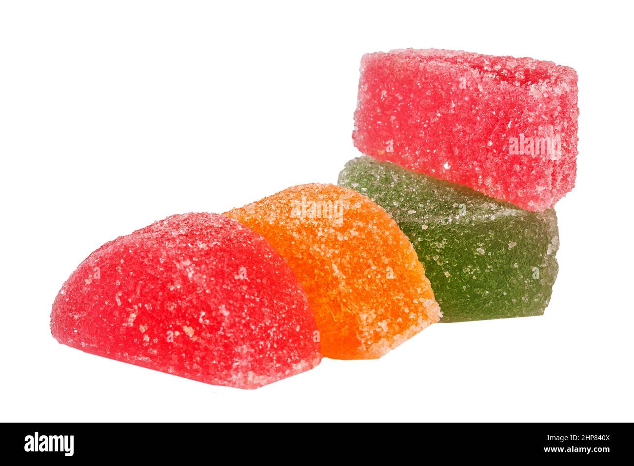 Colorful candied fruit jellies isolated on white background Stock Photo