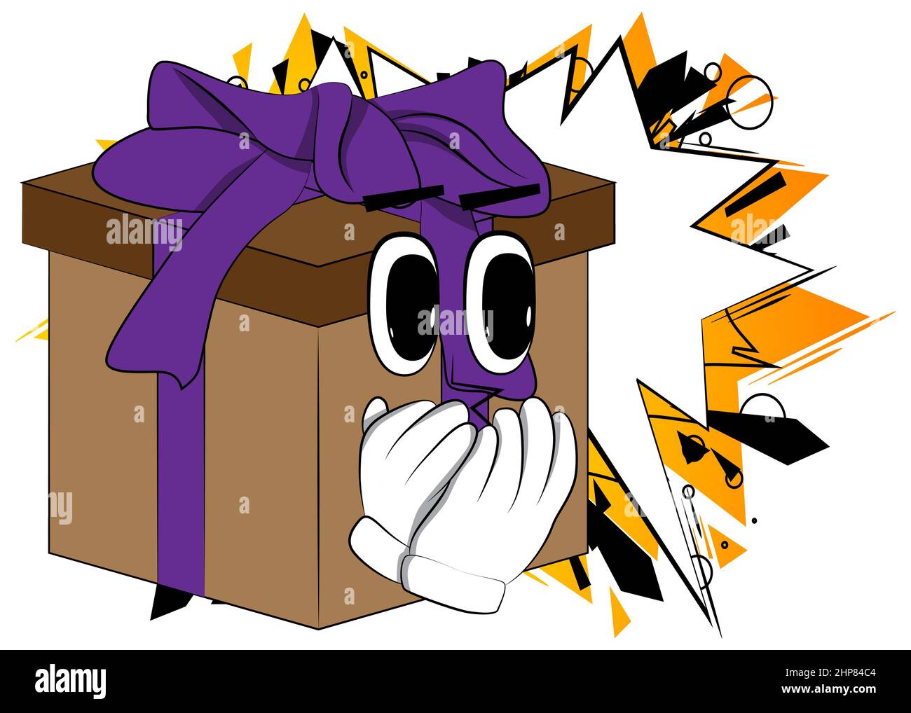 Gift Box with with hands over mouth as a cartoon character. Stock Vector