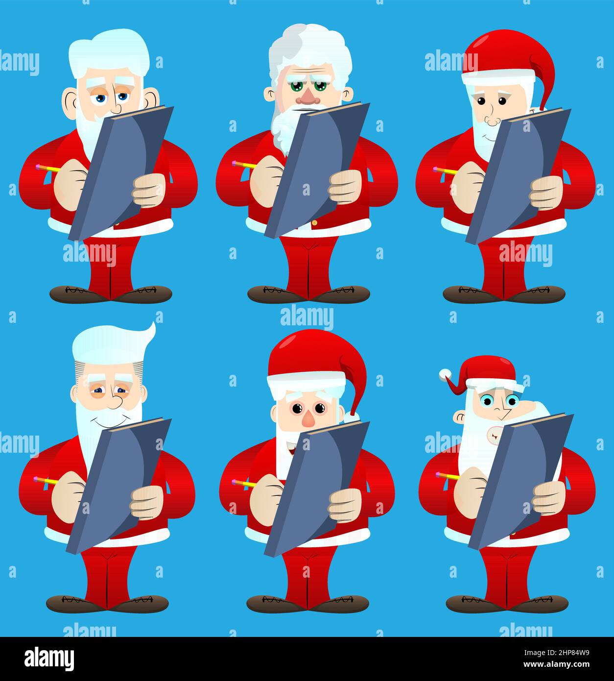Santa Claus in his red clothes with white beard writing on a books cover. Stock Vector