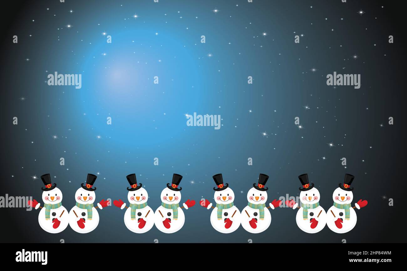 several snowman in an abstract moon night background Stock Vector