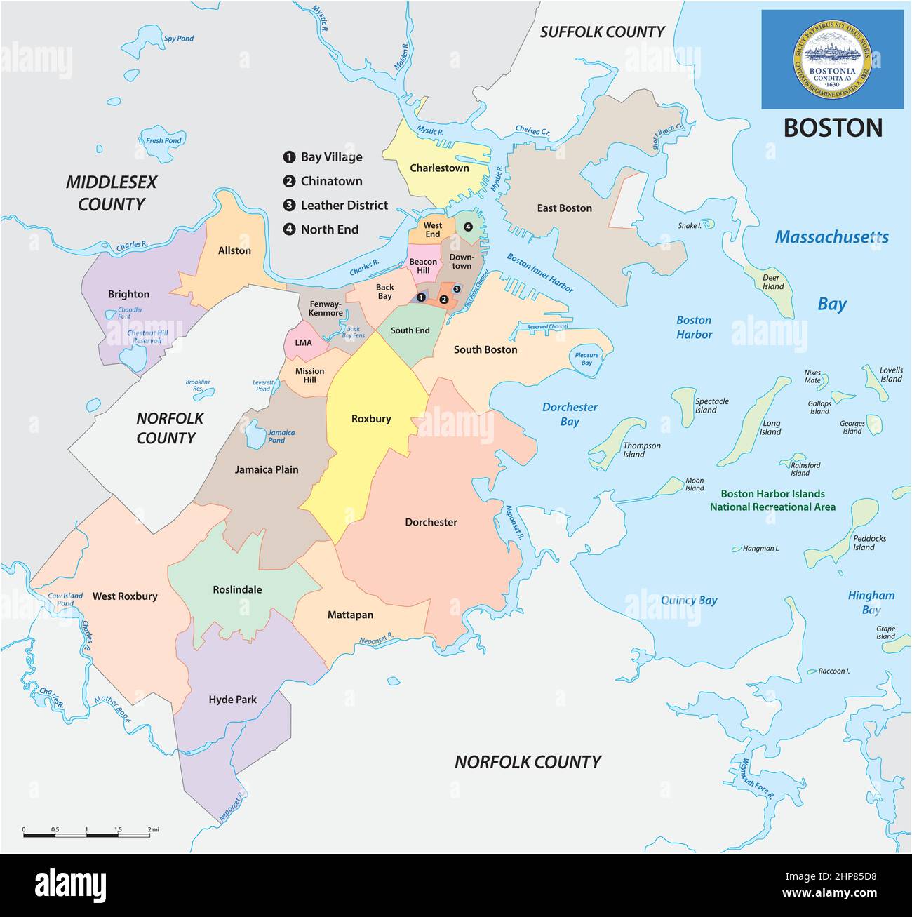 Boston, Massachusetts, United States, neighborhood map Stock Vector